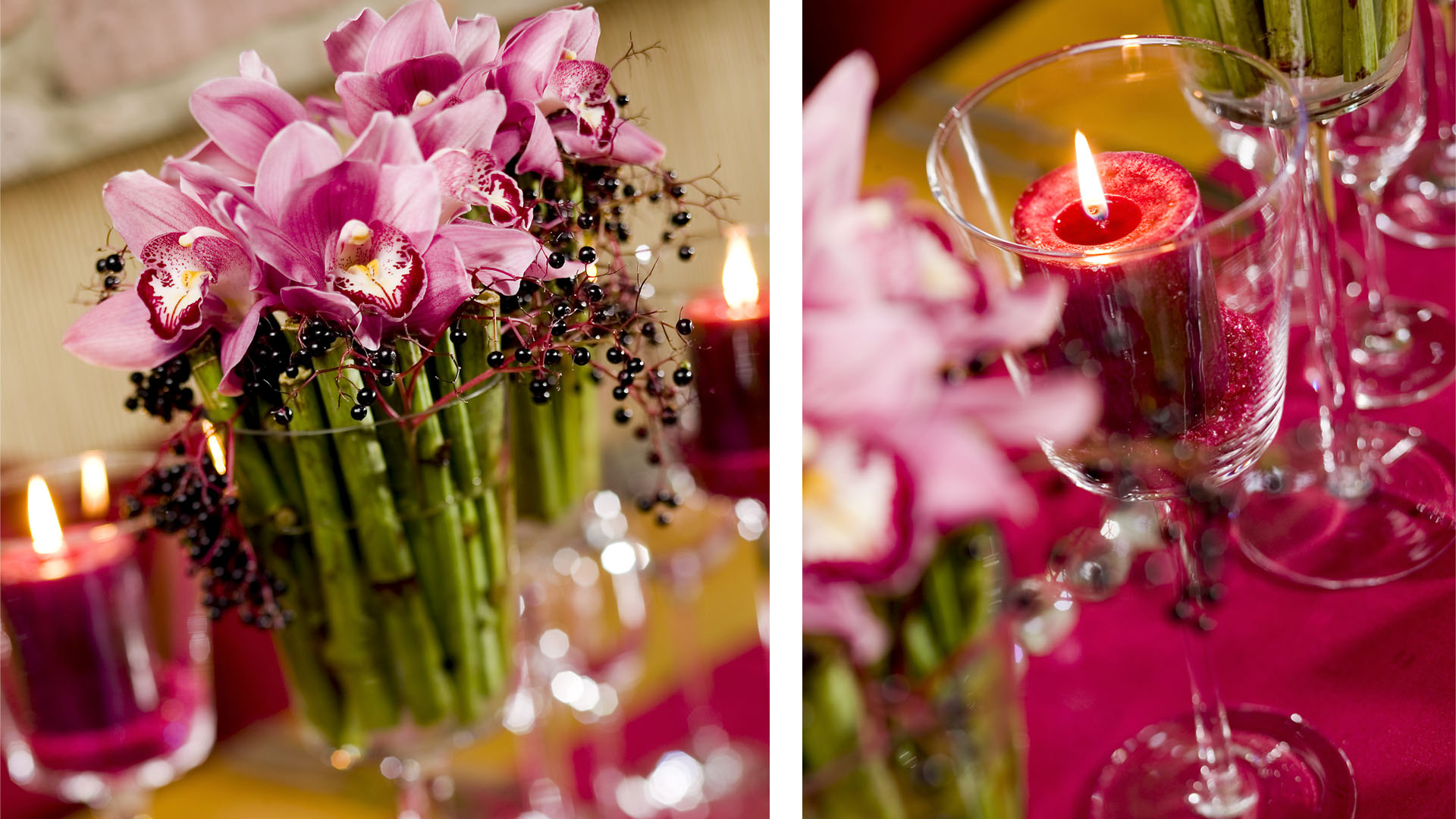 Ideen für Hochzeiten: Heartbeat | Tischdekoration mit Orchideen, Bambusstäben und Holunderdolden