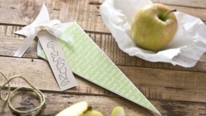 Ideen für den Schulanfang: Schule macht Spaß | Interessante Faltkarte in Form einer Schultüte mit passendem Motivkarton in Zartgrün und Weiß