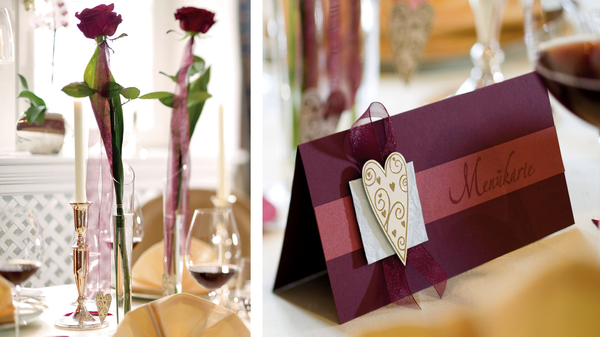 Ideen für Hochzeiten: Romantisch | Menükarte in Weinrot, Bordeaux und Champagner mit perlblauem Akzent und gestempeltem Herz in Gold