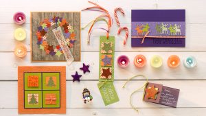 Ideen für die Weihnachtspost: Kunterbunte Weihnachtszeit | Variationen für Weihnachtskarten in Lila, Orange und Grün mit Motivlochern und verschiedenen Stempeln