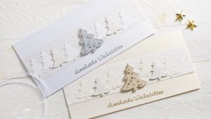 Ideen für die Weihnachtspost: Festlicher Glanz | Weihnachtskarten in himmlisch leichtem Weiß, Gold und Silber mit Tannenbäumen, Perlen, Kristallen und gestempeltem Text