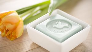 Ideen für Kommunion und Konfirmation: Ein Friedensbotschafter | Quadratisches Seifenstück mit Taube und Schriftzug Danke in zartem Grün