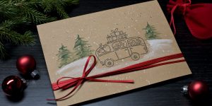 Ideen für die Weihnachtspost: On the road again | aquarellierte, natürlich anmutende Weihnachtskarte mit einem gestempelten Motiv